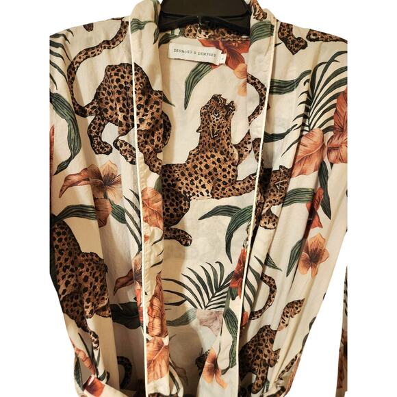 Desmond & Dempsey Robe Organic Cotton S Tropical Leopard Print Pockets Tie Belt - Picture 4 of 9